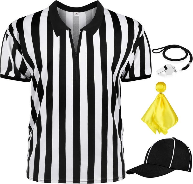 FancyFun Store 4 Pcs Referee Shirt, Ref Shirt Zipper Collar Referee Costume Men Women Ref Whistle Hat Penalty Flag for Football Soccer - Image 1